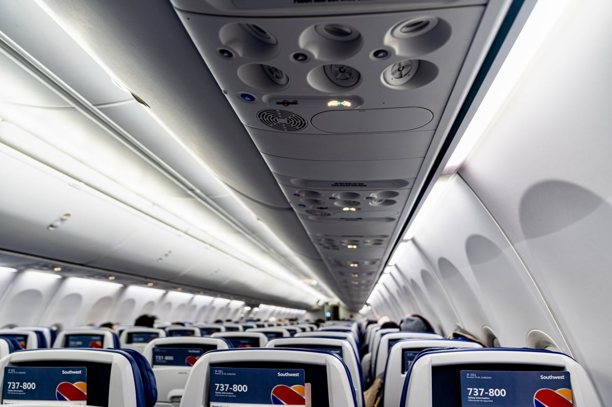 Inside of the passenger cabin of an airplane