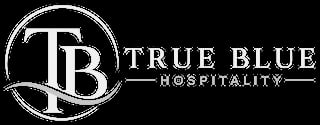 True Blue Hospitality logo with circular monogram and text on black background